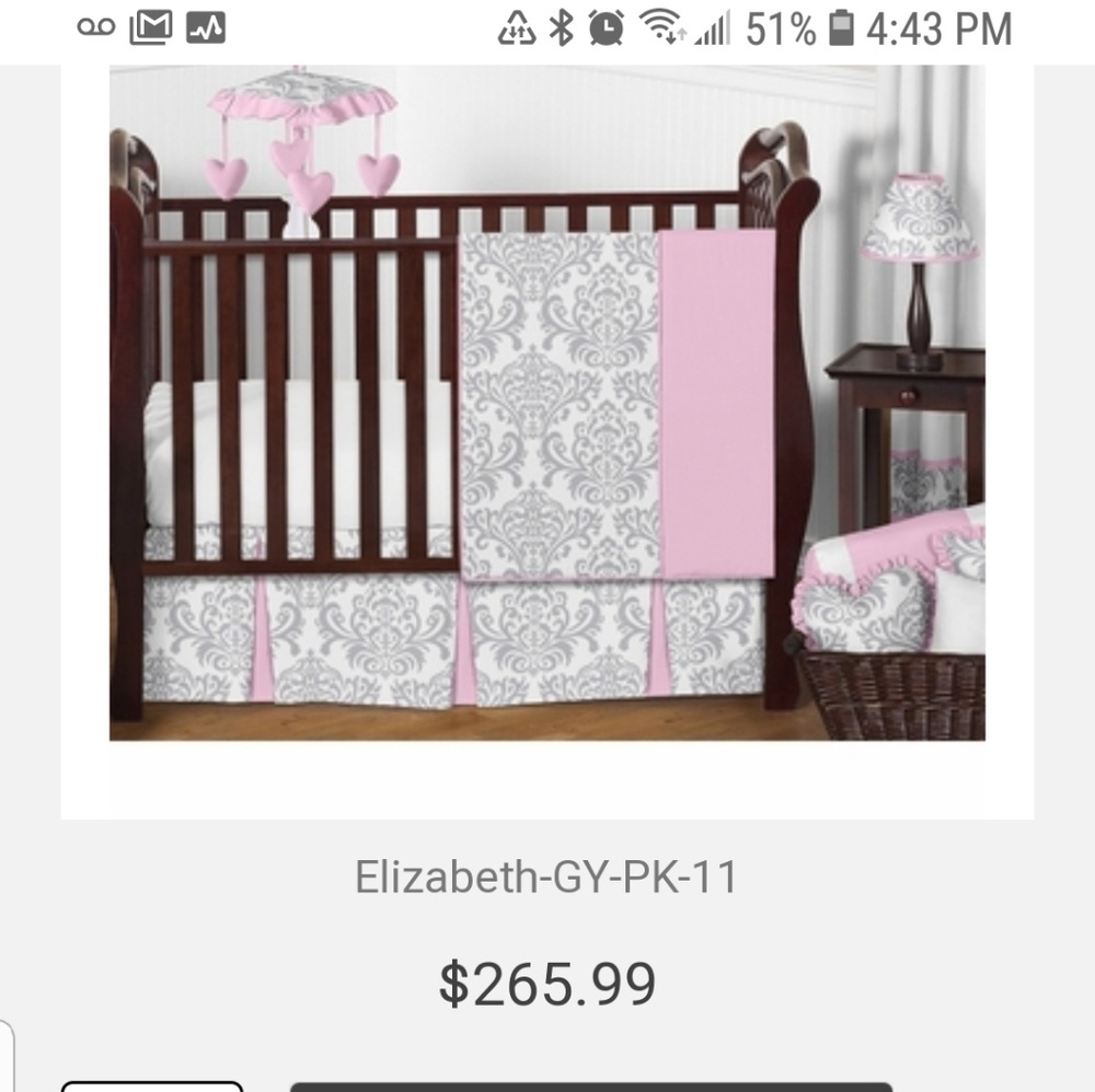 11piece Pink and Gray Damask printed crib set